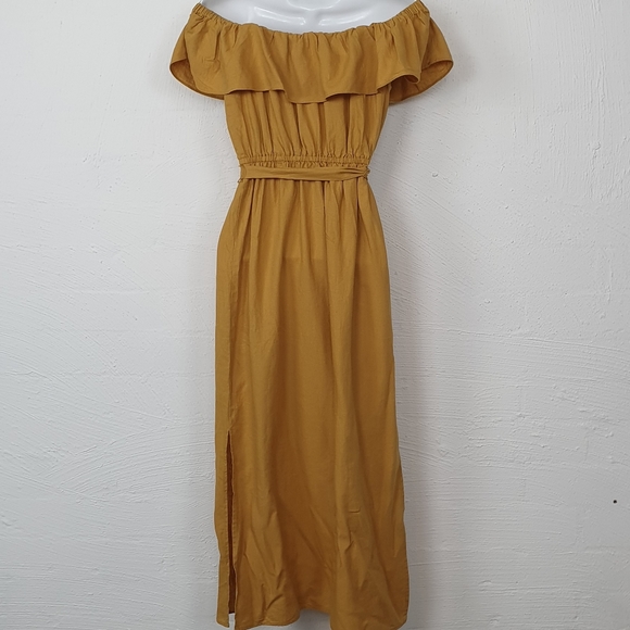 SPORTSGIRL Womens Dress Size 6 Mustard Yellow Off Shoulder Midi with Side Splits - Picture 3 of 4